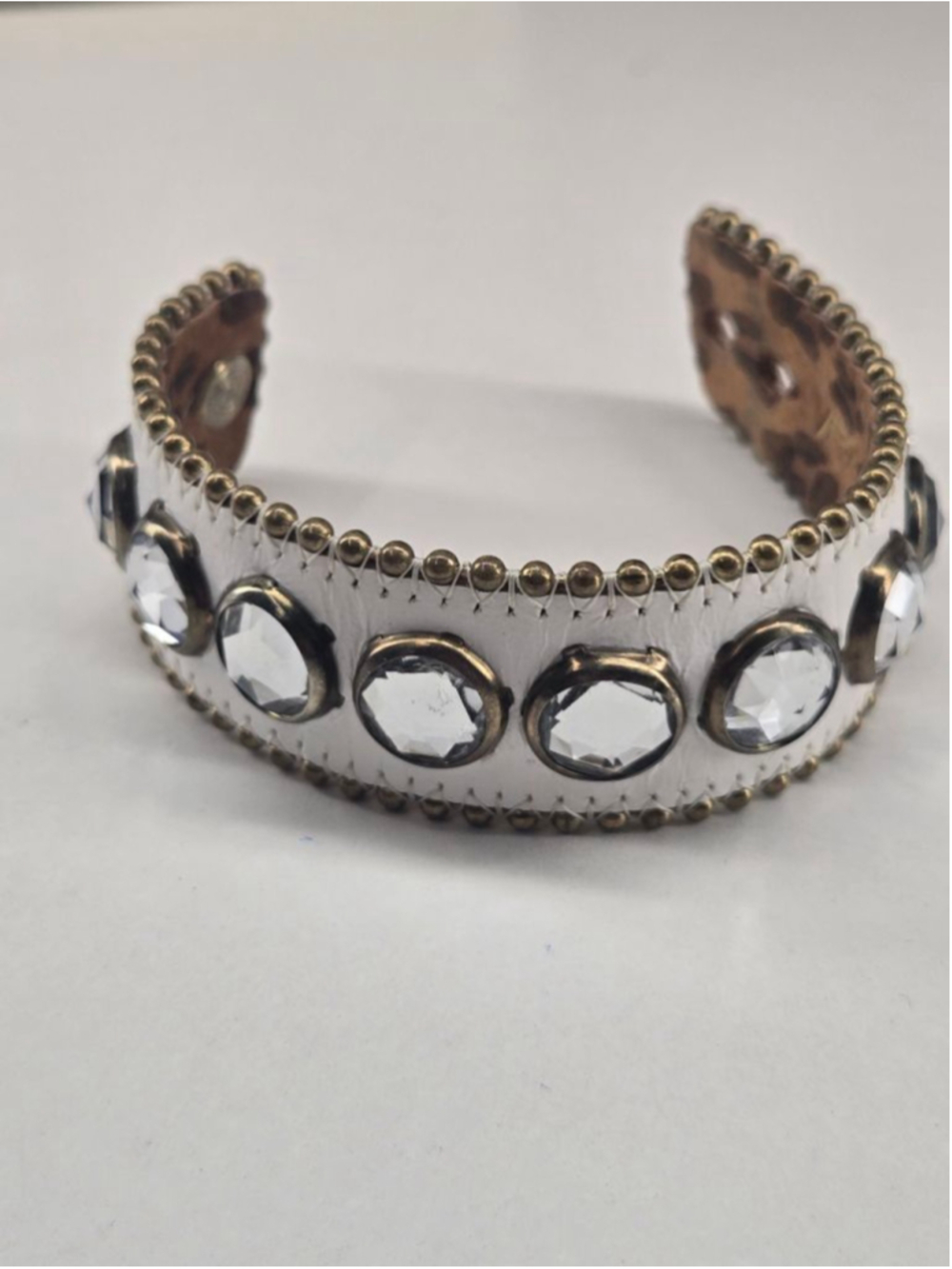 Betsey Johnson Bracelet White Leather Crystal Sparkle Leopard Print Button Close
